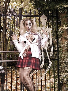 Joanne Bache Looks Ghoulish In Her Ripped Pantyhose