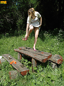 Pissing Outdoor Deep In The Forest On The Old Table