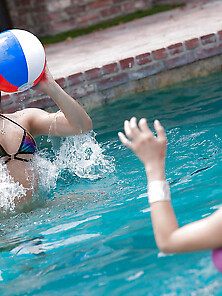 Girls Play With A Ball In The Pool And Strong Sexual Desire Fill
