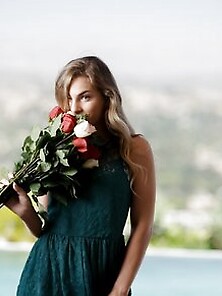 Sultry Blonde With A Bunch Of Flowers Takes Off Cute Dress When