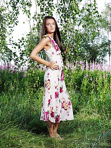 Long-Haired Brunette In A Flowery Dress Shows Her Goodies Outdoo