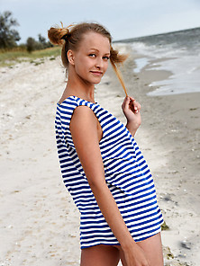 Pigtailed Blonde Teenager Posing In Her Striped Sailor-Y Shirt V