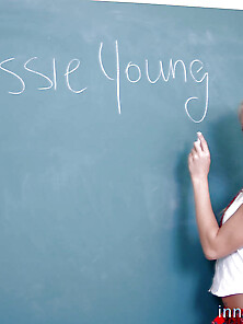 Blonde Lovely Writes Her Name On Blackboard Then Shows Teacher B