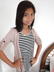 Cute Asian Girl Takes Off A Striped Dress In Exchange For Some M
