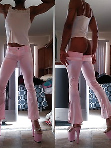 White Top With Hot Pink Pants And Pink Stripper Heels
