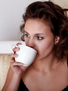 Curly-Haired Amateur Drinking Coffee And Being Real Naughty On C