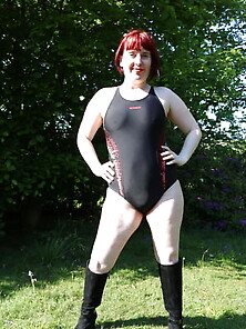Redhead Wife Outdoors In Swimsuit And Boots
