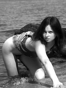 B&w Pictures Showing A Dark-Haired 18-Year-Old Naturist Posi