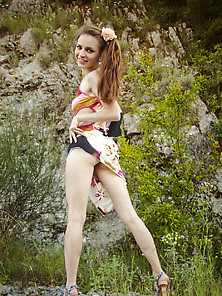 Pale Brunette Walking Around The Hills With No Panties Underneat