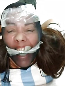 Gagged Woman Hogtied With Pantyhose Encasement - Selfgags