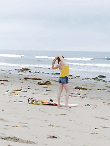 Redhead Colleen In Swimsuit Is Playfully Posing With Surfboard O