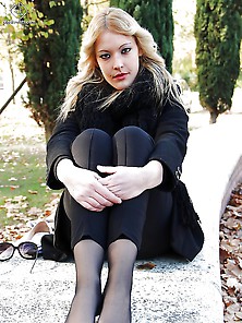 Model Christelle Posing With Black Stockings (Nylon Foot)