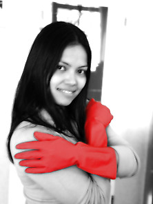 Asian In Red Rubber Gloves