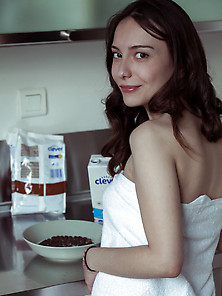Brunette Enjoys Her Cereal And Strips Naked To Show You Somethin