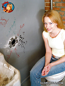 Shy-Looking Blonde With Blue Eyes Sucking Cocks Via A Glory Hole