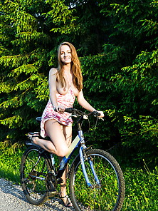 Bike-Loving Leggy Beauty Posing Half-Naked On The Side Of A Road