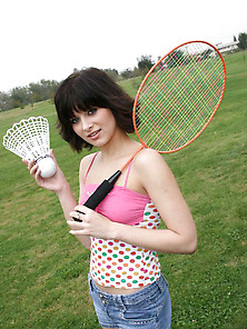 Brunette Chick Plays Badminton When She Feels The Urge To Get Pu