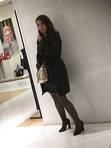Candid In Black Pantyhose And High Heels In Mall