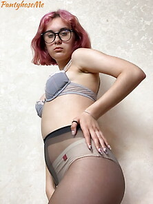 Nerdy Babe In Bra,  Panties And Pantyhose